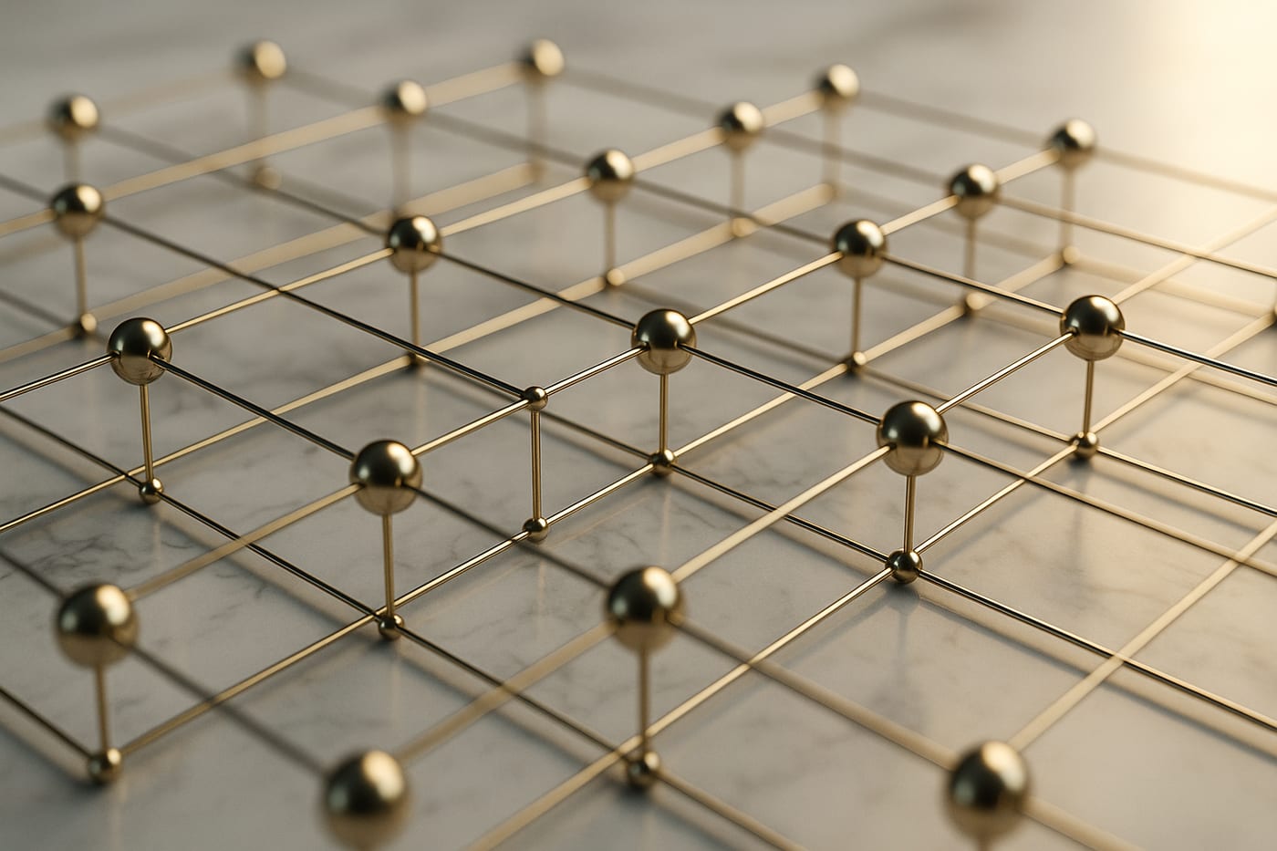 A golden network of connected nodes on white marble — product architecture