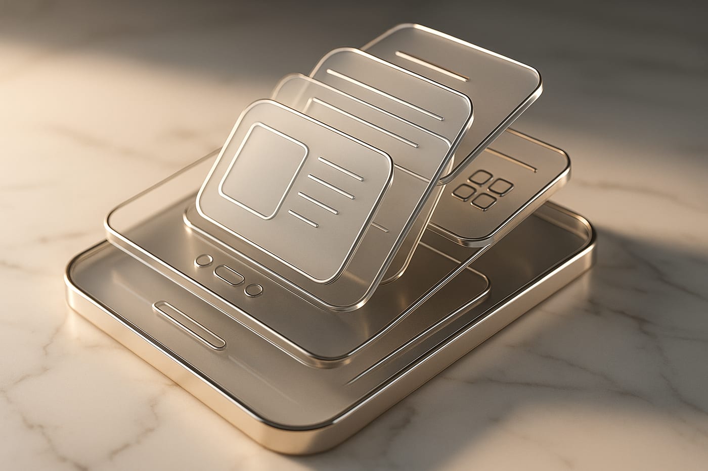 Layered golden app interfaces on white marble — the Apex Solutions mark